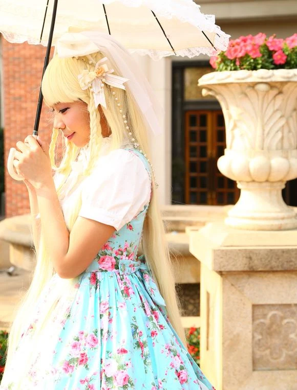 Lolitashow Light Blue Cotton Lolita One-piece Dress Flower Print Short Sleeves Chiffon Ruffles - Image 9