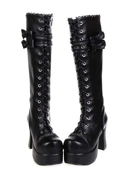 Lolitashow Gothic Black Lolita Chunky Heels Boots Platform Shoelace Bows - Image 4