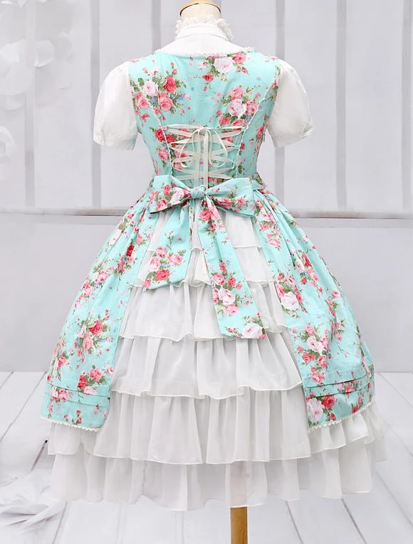 Lolitashow Light Blue Cotton Lolita One-piece Dress Flower Print Short Sleeves Chiffon Ruffles - Image 5