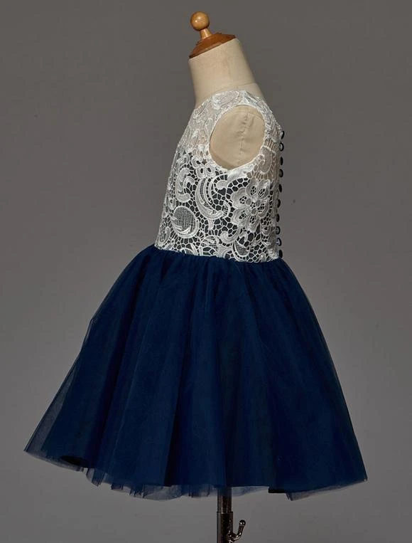 Dark Navy Flower Girl Dress With Buttons Lace Tulle - Image 2