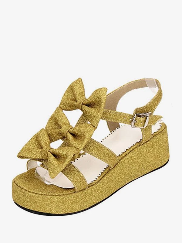 Sweet Lolita Shoes Open Toe Wedge Heel PU Bows Flat White Lolita Sandals - Image 3