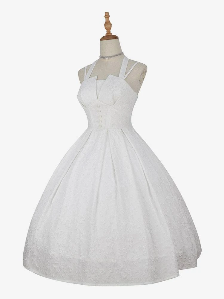 Classic Lolita JSK Dress Chinese White Sleeveless Jeweled Lolita Jumper Skirts - Image 3