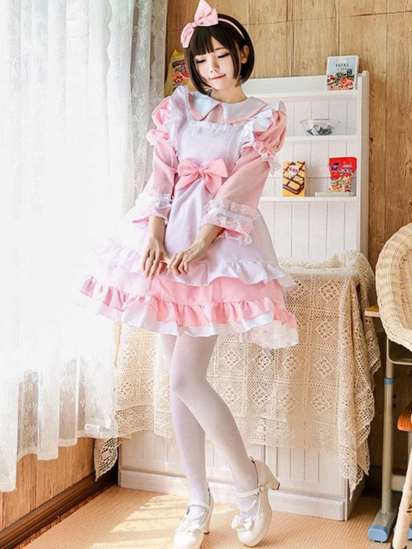 Maid Lolita Outfit Lace Ruffle Bow Lolita One Piece Dress With Apron - Image 7