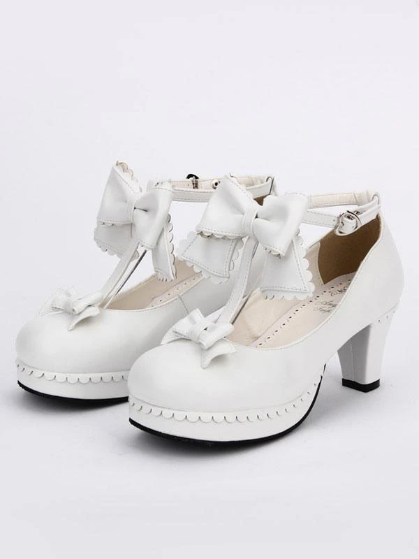 Lolitashow Sweet Lolita Shoes White Round Toe Cone Heel T Strap Lolita Shoes - Image 6