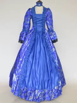 Blue Retro Costumes Lace Up Satin Fabric Floral Print Choker Marie Antoinette Costume Women's Gothic Set Vintage Clothing