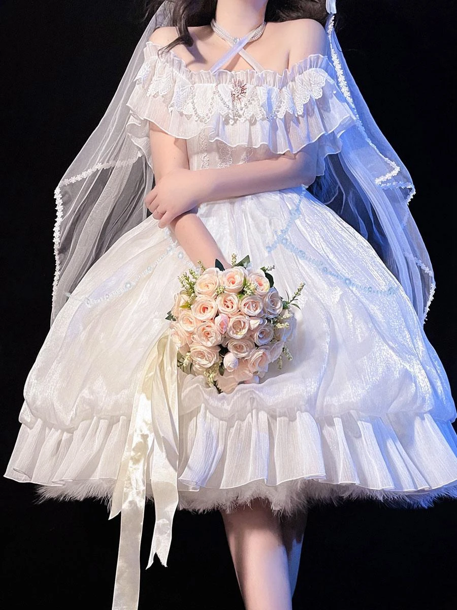 Sweet Lolita Dress White Polyester Short Sleeves Lace Up Ruffles Lace Bows Tea Party Lolita Dress - Image 2