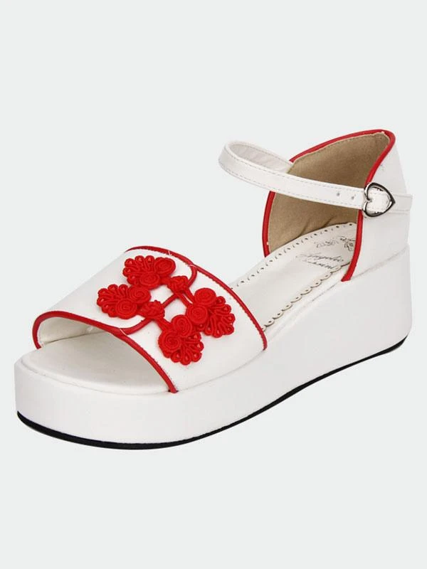 Lolitashow White Qi Lolita Sandals Platform Red Chinese Style Buttons - Image 3