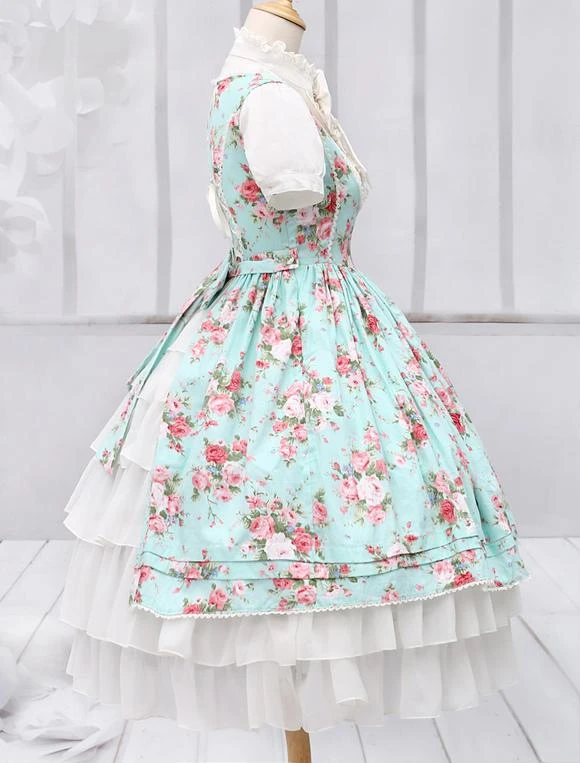 Lolitashow Light Blue Cotton Lolita One-piece Dress Flower Print Short Sleeves Chiffon Ruffles - Image 4
