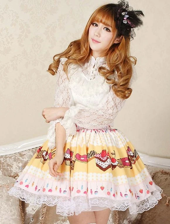 Lolitashow Sweet Yellow Pink Lolita Short Skirt Lace Trim Cake Biscuit Print - Image 7