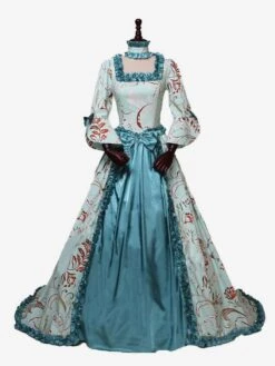Victorian Dress Costume Women's Light Sky Blue Rococo Retro Floral Print Marie Antoinette Victorian Era Style With Choker Vintage Clothing