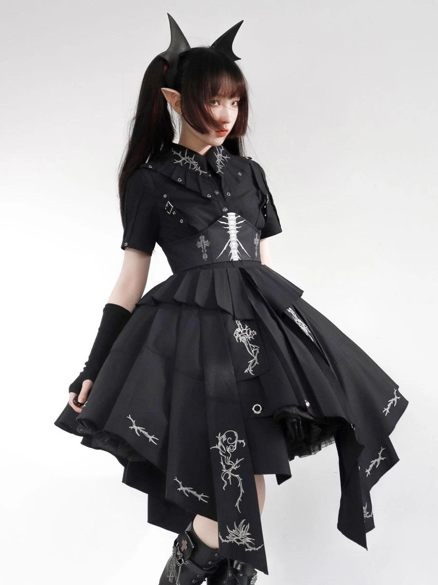 Gothic Lolita Military Uniform Army Samurai Cross Metal Details Short Sleeve Black Lolita OP Dress