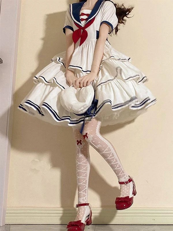 Sweet Lolita Dress Polyester Short Sleeves Dress Navy Style Lolita Dress - Image 2
