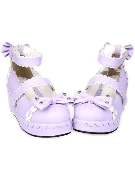Lolitashow Sweet Lolita Shoes Platform Ankle Strap Bows Decor White Trim - Image 6