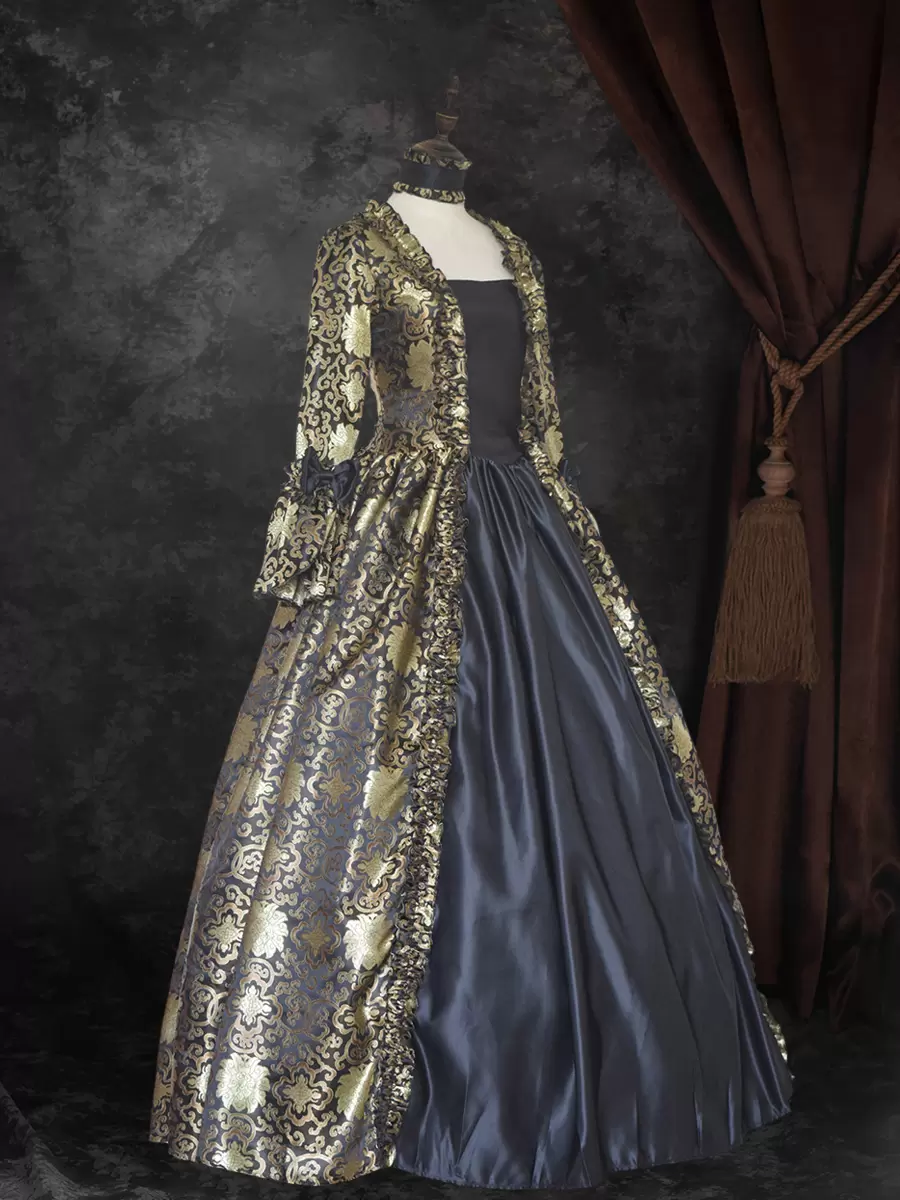 Black Gold Retro Costumes Lace Up Satin Fabric Marie Antoinette Costume Floral Print Dress Women's Gothic Set Party Prom Dress - Image 5