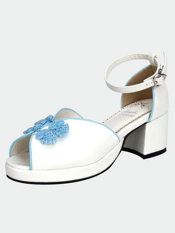 Lolitashow White Qi Lolita Sandals Chunky Pony Heels Blue Chinese Style Buttons - Image 2