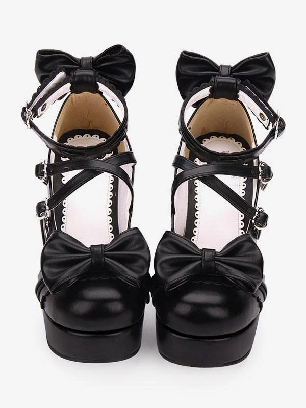 Sweet Lolita Shoes Bow Strappy Platform Chunky Heel PU Burgundy Lolita Footwear - Image 3