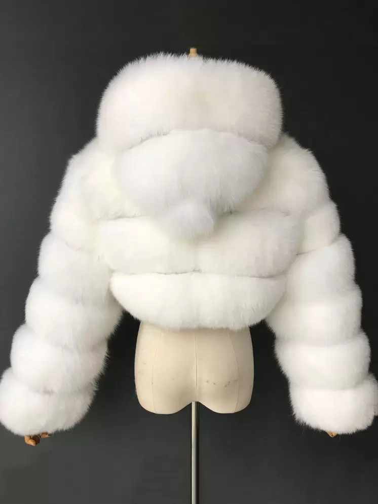 White Faux Fur Coats Hooded Short Jacket Women's Winter Outerwear - Image 2