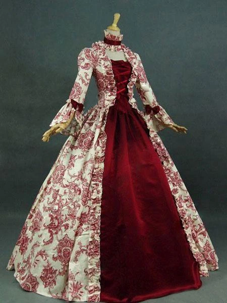 Victorian Dress Costume Prom Dress Baroque Costume Dark Red Lace Ruffles Floral Print Vintage Victorian Era Clothing With Choker Retro Outfits Halloween - Image 2