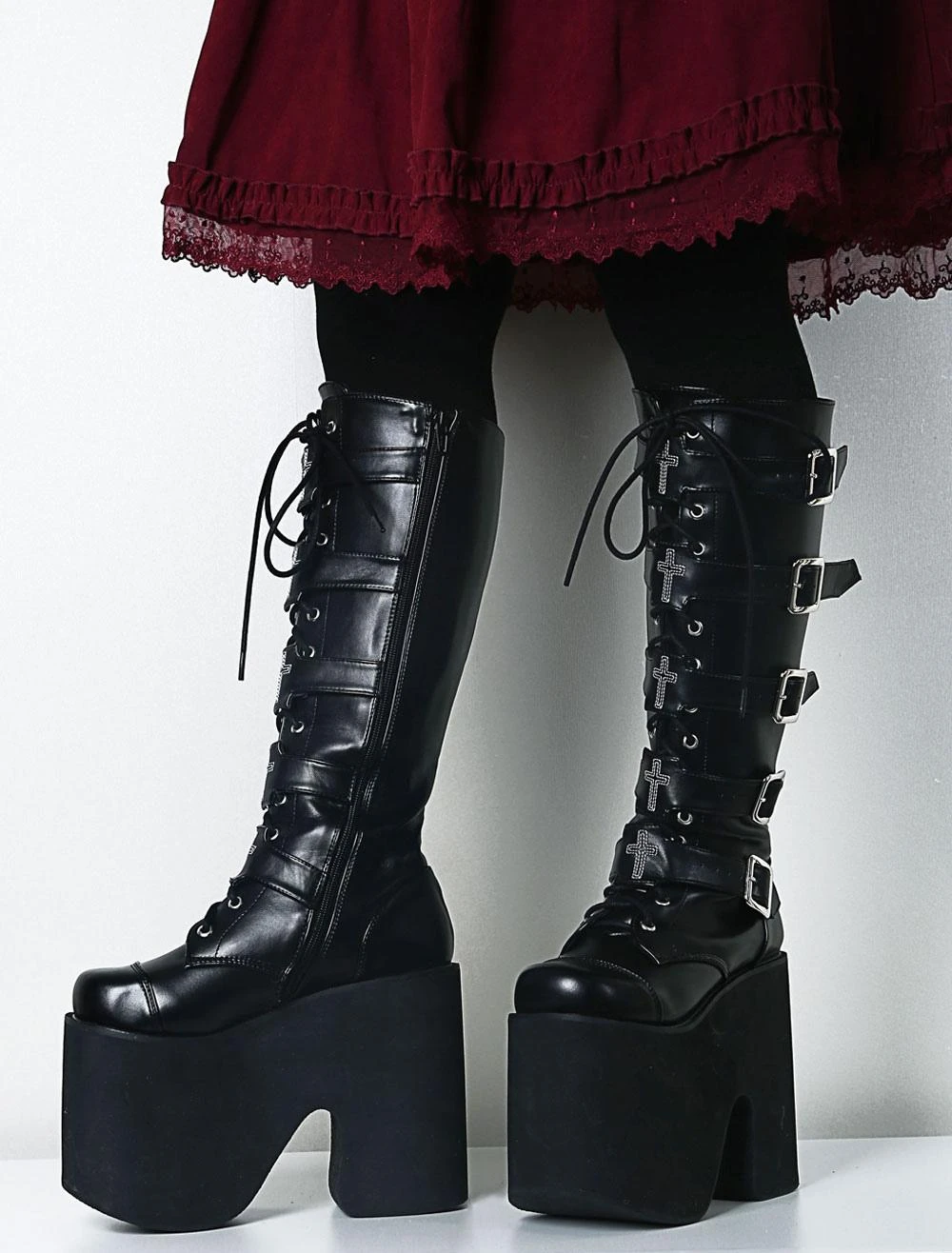 Gothic Lolita Platform Shoes Black Lolita Boots High Platform Buckles Cross Print For Halloween Black Friday - Image 6