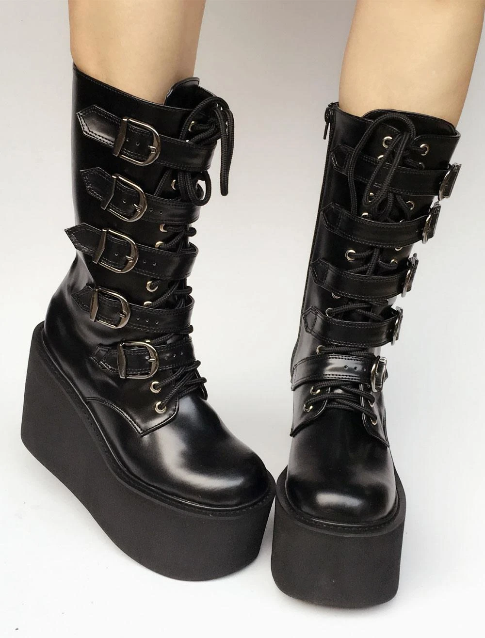 Lolitashow Lolita Platform Boots Black Wedge Buckle Lace Up Round Toe Lolita Short Boots - Image 2