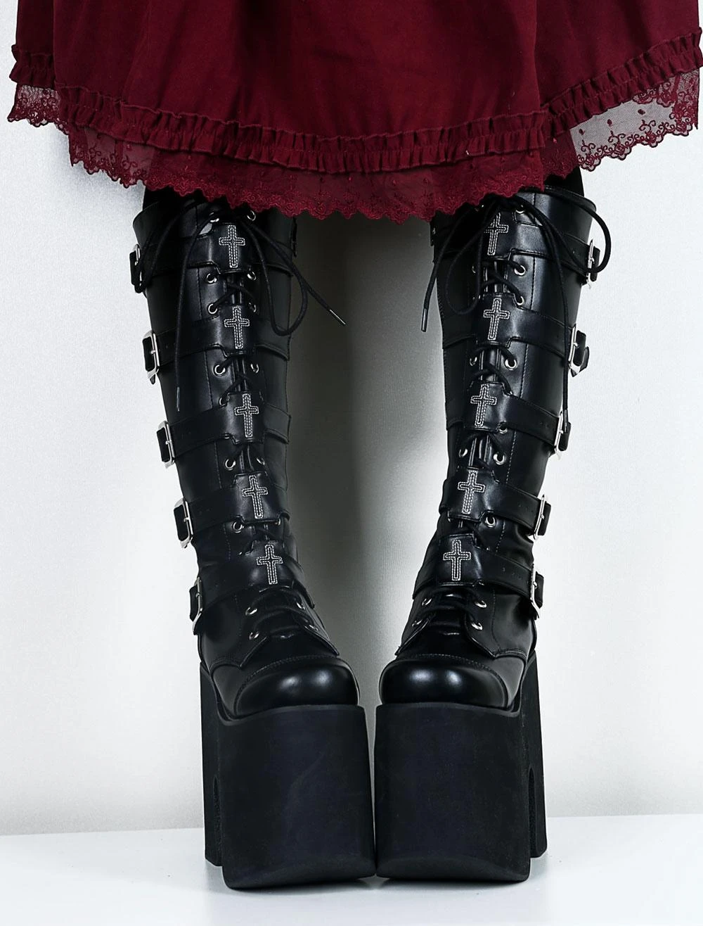 Gothic Lolita Platform Shoes Black Lolita Boots High Platform Buckles Cross Print For Halloween Black Friday - Image 5