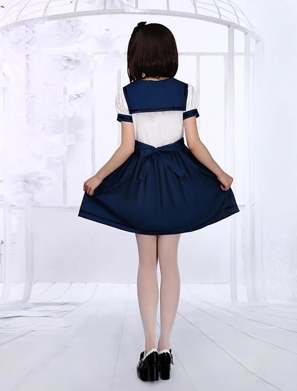 Lolitashow White Navy Blue Lolita One-piece Dress Sailor Style Short Sleevs - Image 3