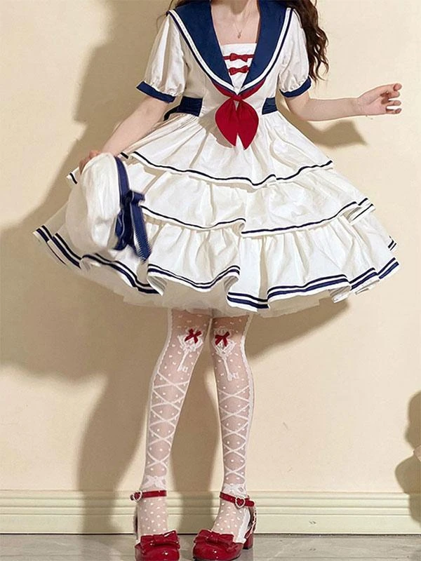 Sweet Lolita Dress Polyester Short Sleeves Dress Navy Style Lolita Dress - Image 5