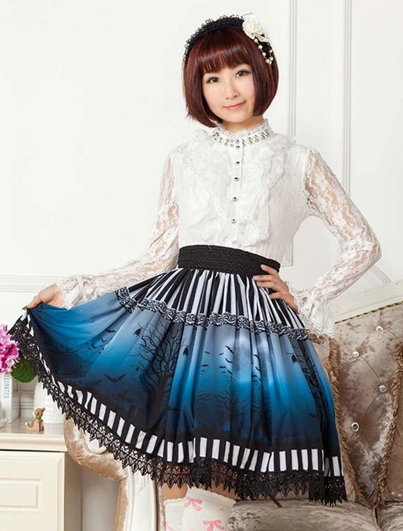 Lolitashow Sweet Lolita Skirt The Bat Under The Blue And White Moon Night SK Lolita Skirt - Image 2