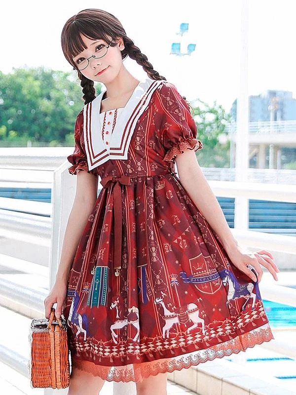 Sweet Lolita OP Dress Royal Trojan Bow Print Chiffon Burgundy Lolita One Piece Dress - Image 3