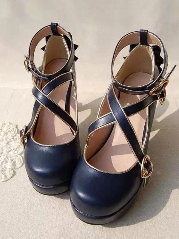 Sweet Lolita Pumps Strappy Criss Cross Buckle Bow High Heel Lolita Shoes - Image 6
