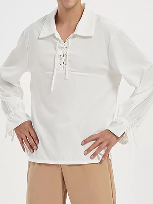 White Vintage Shirt Lace Up Aristocrat Style Cotton Retro Costumes For Man Halloween - Image 3