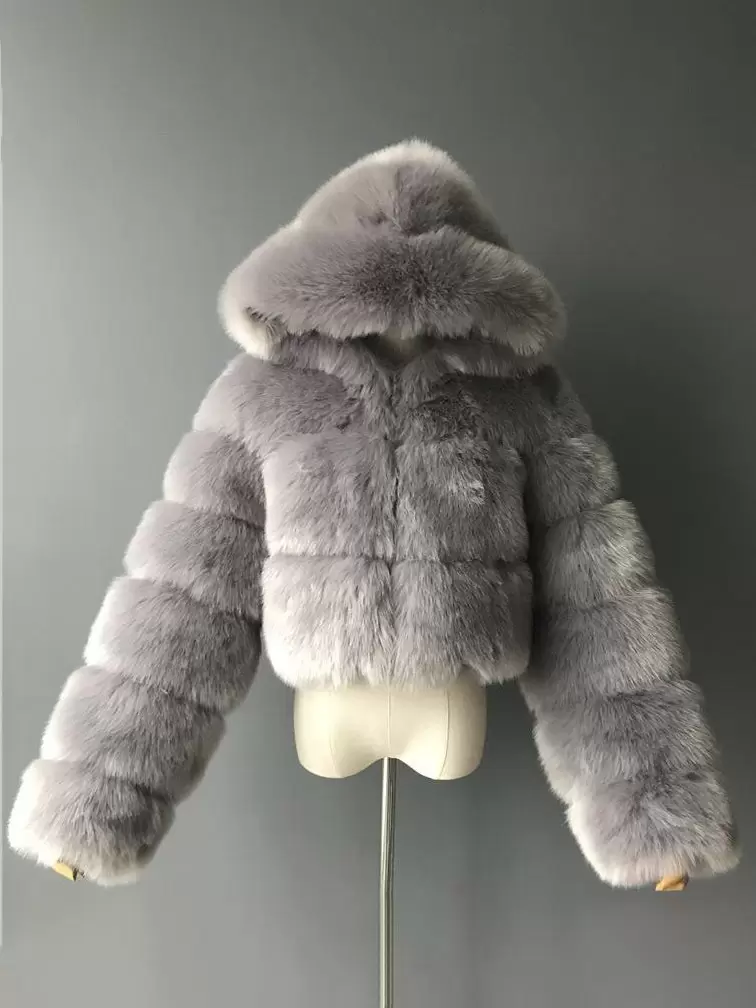 White Faux Fur Coats Hooded Short Jacket Women's Winter Outerwear - Image 12