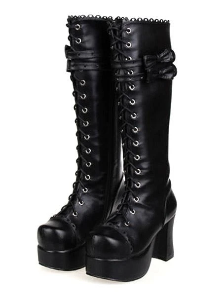 Lolitashow Gothic Black Lolita Chunky Heels Boots Platform Shoelace Bows - Image 5