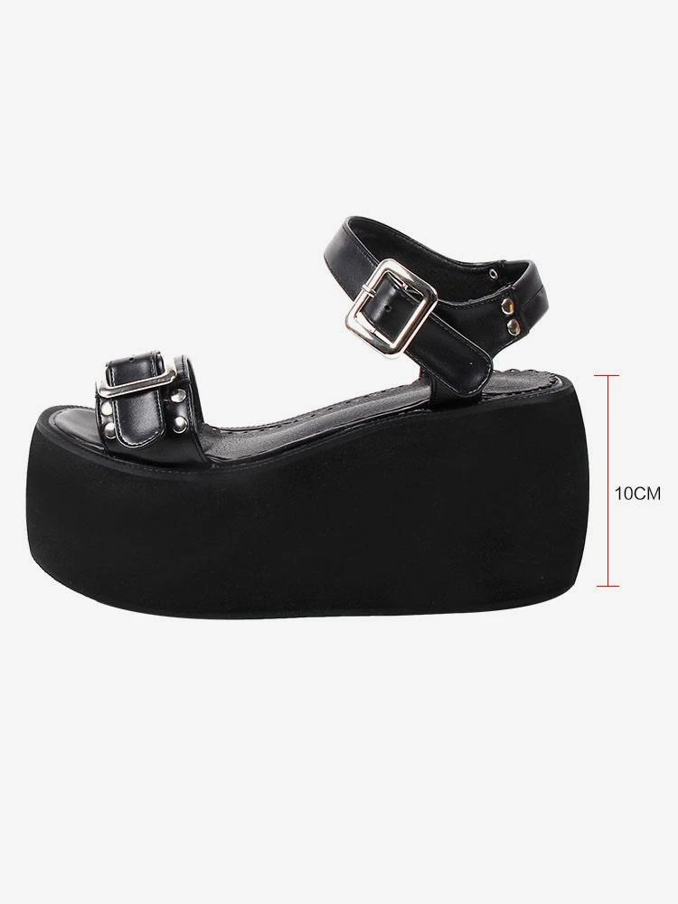 Steampunk Lolita Sandals Open Toe PU Leather Black Lolita Summer Shoes - Image 2