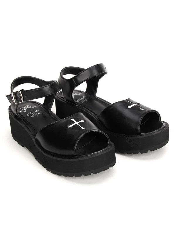Lolitashow Gothic Black Lolita Platofrm Sandals White Cross Print Ankle Strap Buckle - Image 2