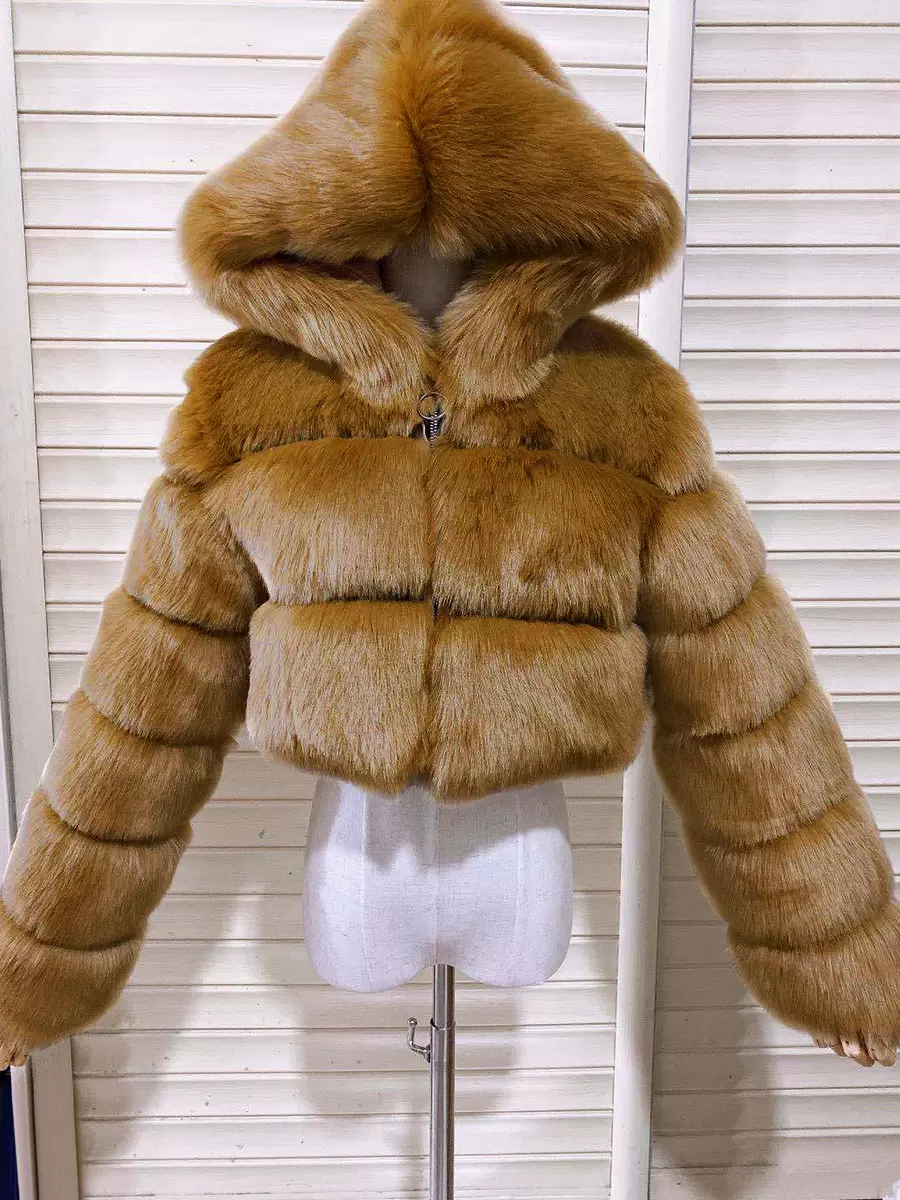 White Faux Fur Coats Hooded Short Jacket Women's Winter Outerwear - Image 8