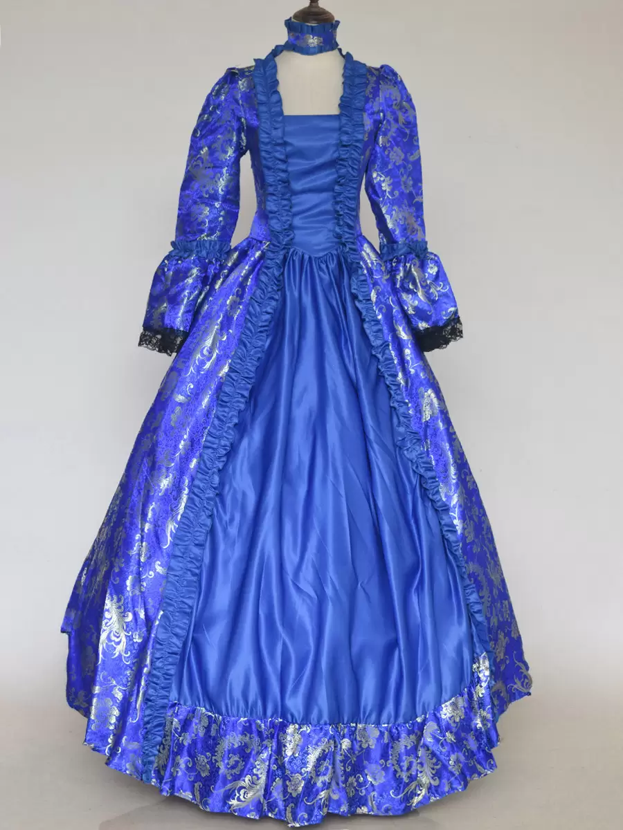 Blue Retro Costumes Lace Up Satin Fabric Floral Print Choker Marie Antoinette Costume Women's Gothic Set Vintage Clothing - Image 4