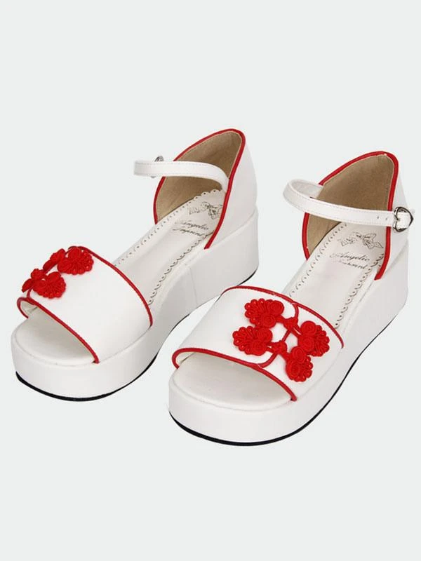 Lolitashow White Qi Lolita Sandals Platform Red Chinese Style Buttons - Image 2