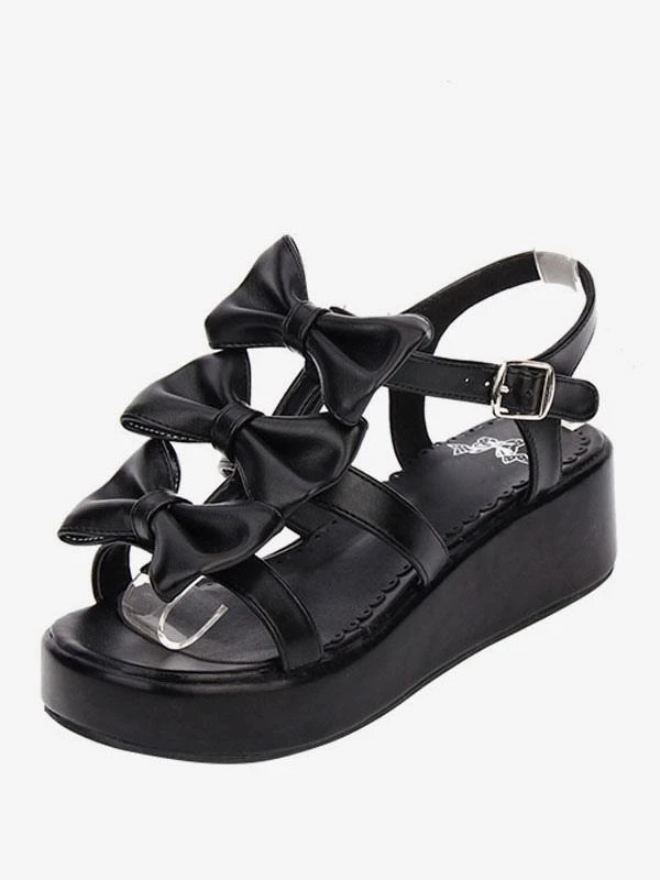 Sweet Lolita Shoes Open Toe Wedge Heel PU Bows Flat White Lolita Sandals - Image 2