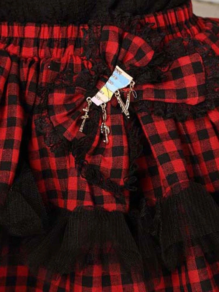 Classic Lolita SK Bow Plaid Ruffle Lace Red Lolita Skirt - Image 5
