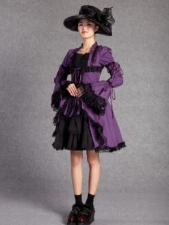 Gothic Lolita OP One Piece Dress Square Neck Bell Sleeve Purple Lolita Dress
