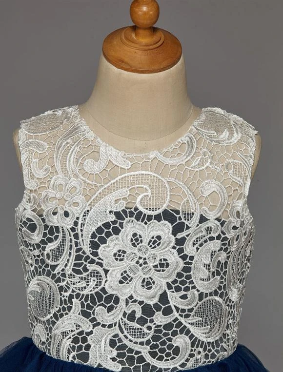 Dark Navy Flower Girl Dress With Buttons Lace Tulle - Image 5
