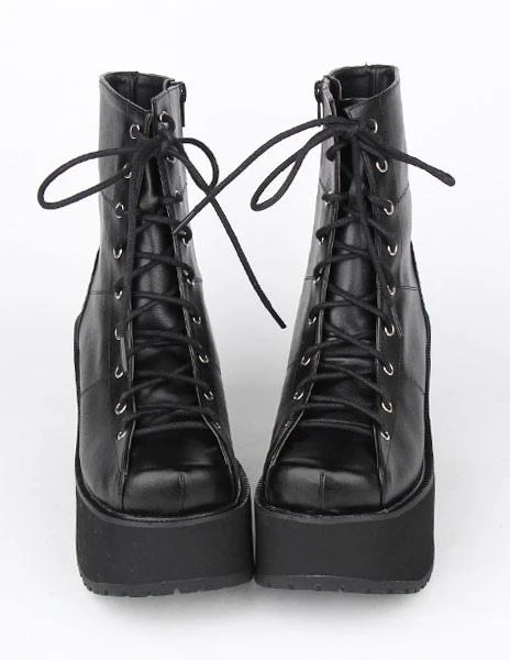 Lolitashow Black Lace Up PU Lolita Boots For Girls - Image 2