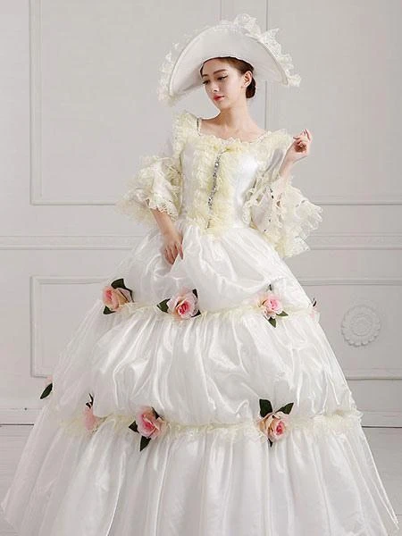 Victorian Dress Costume Women's Victorian Era Clothing White Square Neckline Ball Gown Pageant Dress With Flowers Outfits Halloween - Image 3