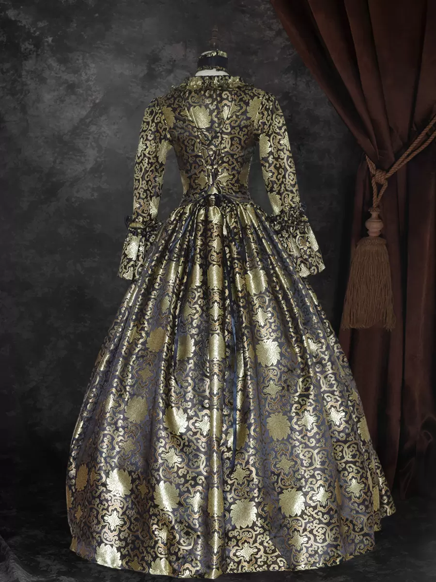 Black Gold Retro Costumes Lace Up Satin Fabric Marie Antoinette Costume Floral Print Dress Women's Gothic Set Party Prom Dress - Image 3
