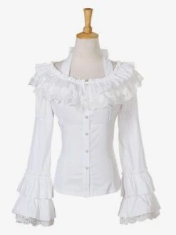 Rococo Lolita Blouse Chiffon Bell Sleeve Lace Ruffles Frills Scoop Neck White Lolita Top