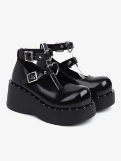 Academic Lolita Shoes Black PU Leather Wedge Heel Lolita Shoes