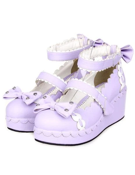 Lolitashow Sweet Lolita Shoes Platform Ankle Strap Bows Decor White Trim - Image 8