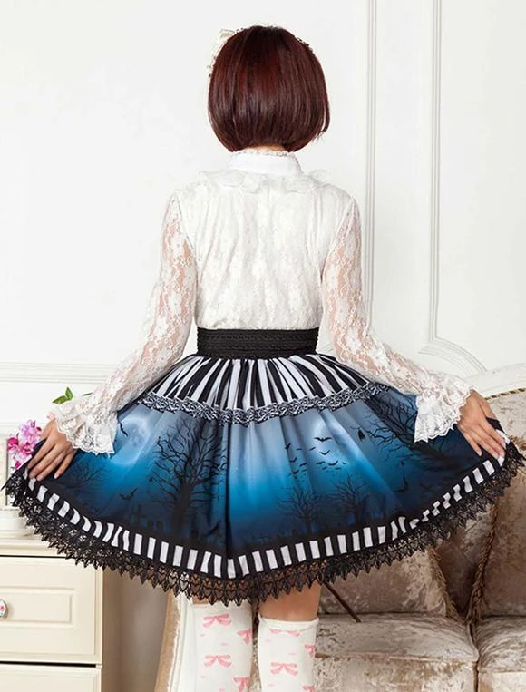 Lolitashow Sweet Lolita Skirt The Bat Under The Blue And White Moon Night SK Lolita Skirt - Image 6