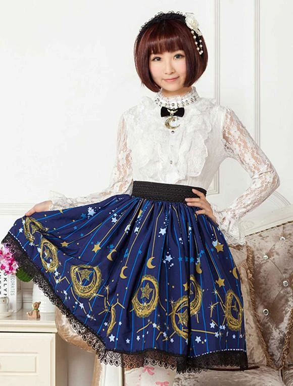 Deep Blue Star Printed Polyester Short Lolita Skirt Dress For Girls